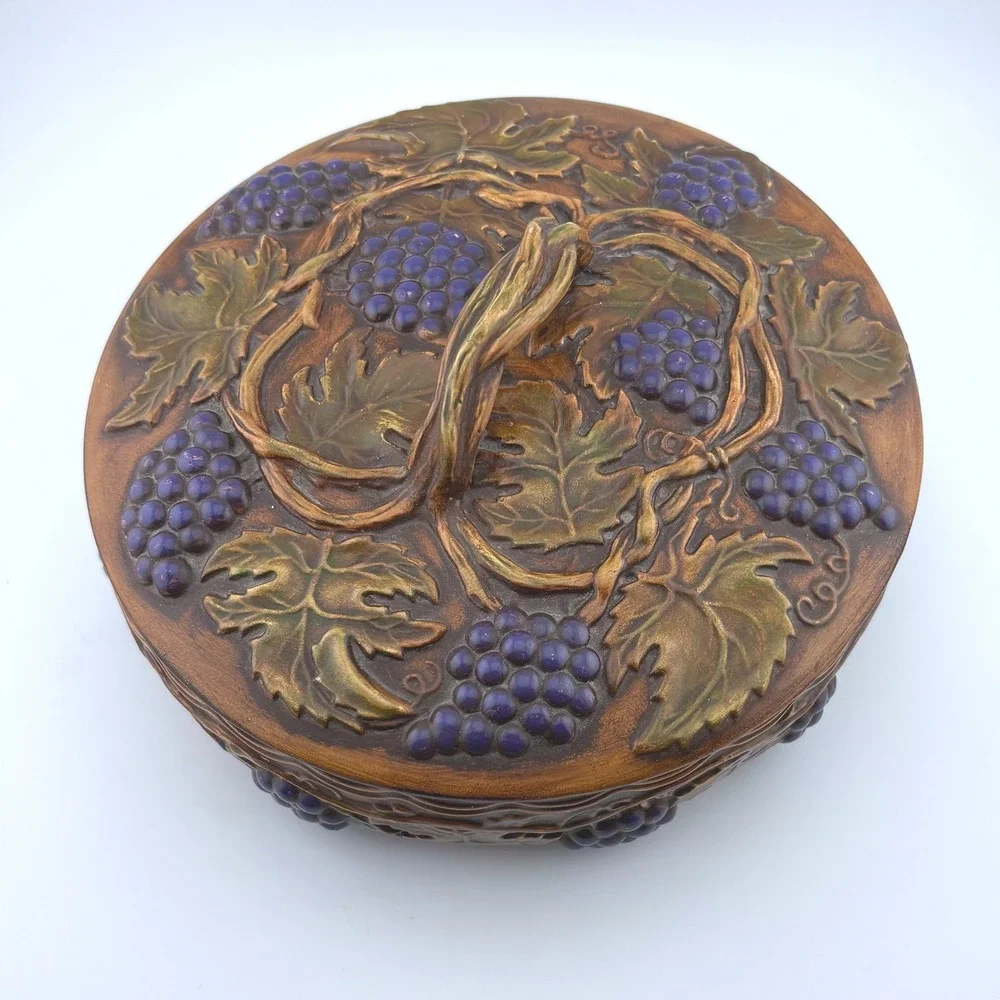 Vintage 1968 Arnels Ceramic Grapes Vines Lidded Dish Brown Purple Rustic MCM